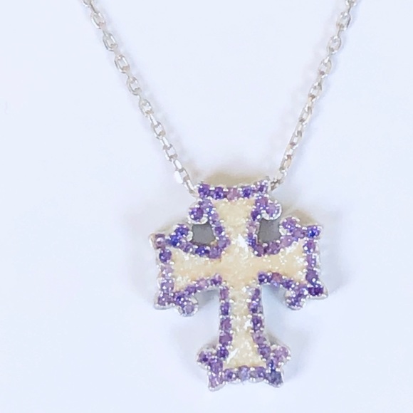 925 Silver cross handmade enamel cz necklace - Picture 2 of 7
